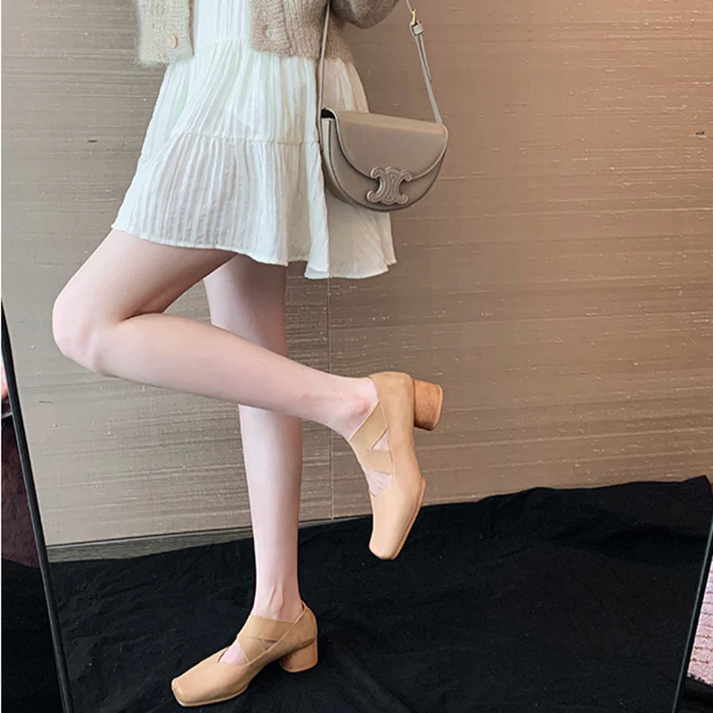 DEANWANGKT  Genuine Leather Mary Jane Pumps Autumn and Winter Retro Cross Belt Square Toe Comfortable Chunky Heel High Heel Pig Nose Ballet Shoes - Deanwangkt