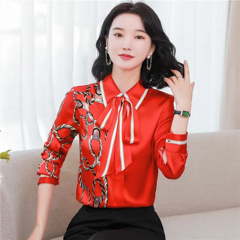 Women's Designer Floral Printed Shirt With Neck Bow Plus Size Elegant Long Sleeve Office Ladies Runway Silk Button Shirts Sweet Girl Chic Satin Blouses Red Tops - Deanwangkt