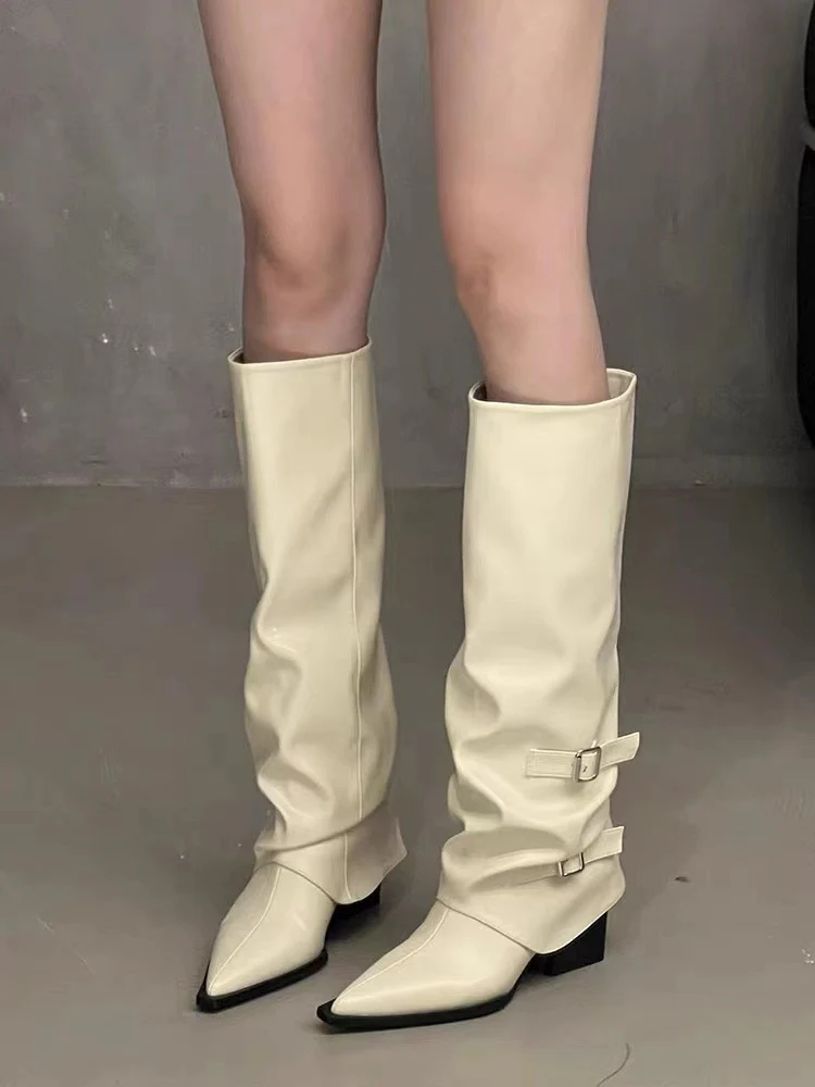 2025  White high-heeled trouser boots women's thick-heeled pointed-toed knee-length boots belt-buckle high boots - Deanwangkt