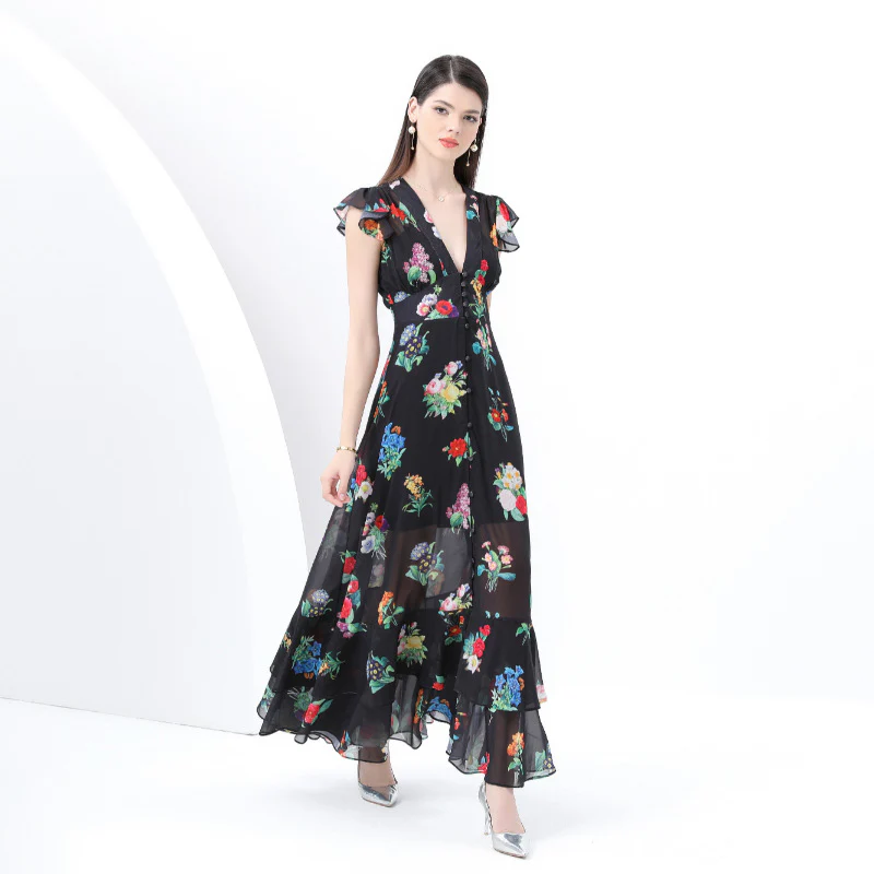 independent station women's clothing retro deep V-neck lantern sleeves wavy edge wide floral long dress two-piece set - Deanwangkt