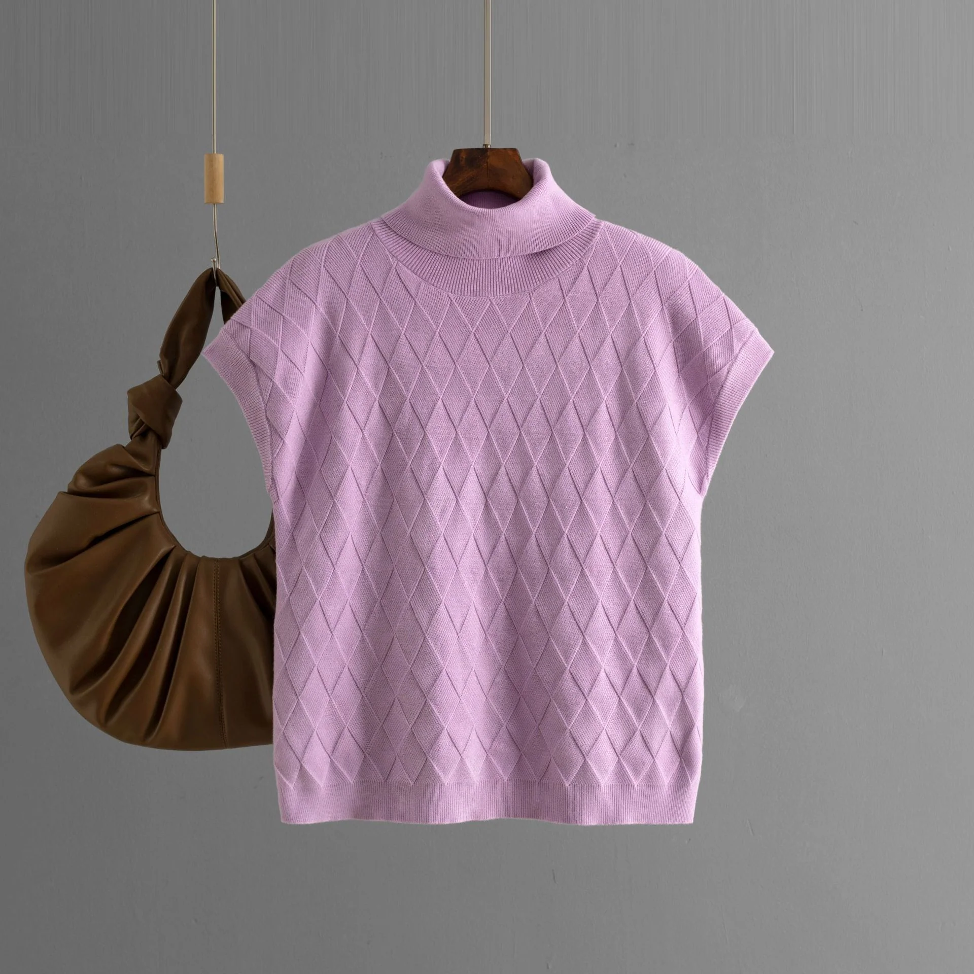 DEANWANGKT New autumn new turtleneck sleeveless knitted plaid sweater women's loose casual fashion thin top bottoming shirt - Deanwangkt