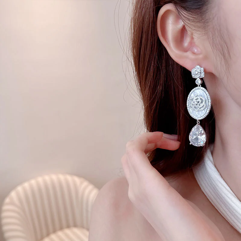 2025 camellia zircon water drop earrings banquet dress high-end earrings fashion temperament versatile light luxury earrings - Deanwangkt