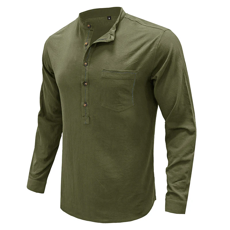 DEANWANGKT 2025 Cross-border men's shirts, autumn and winter  men's stand-up neck cotton and linen shirts, Popular trade long-sleeved Henry neck linen shirts - Deanwangkt
