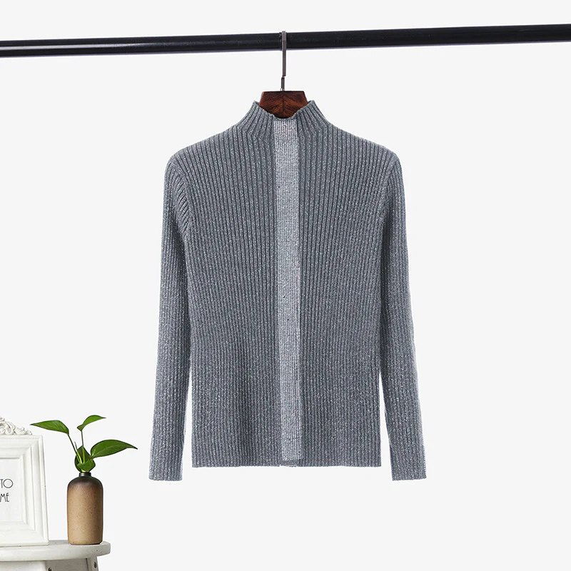 DEANWANGKT Semi-turtleneck thick knitted sweater women's long-sleeved autumn and winter new hot diamond pullover slim-fitting versatile bottoming shirt top - Deanwangkt