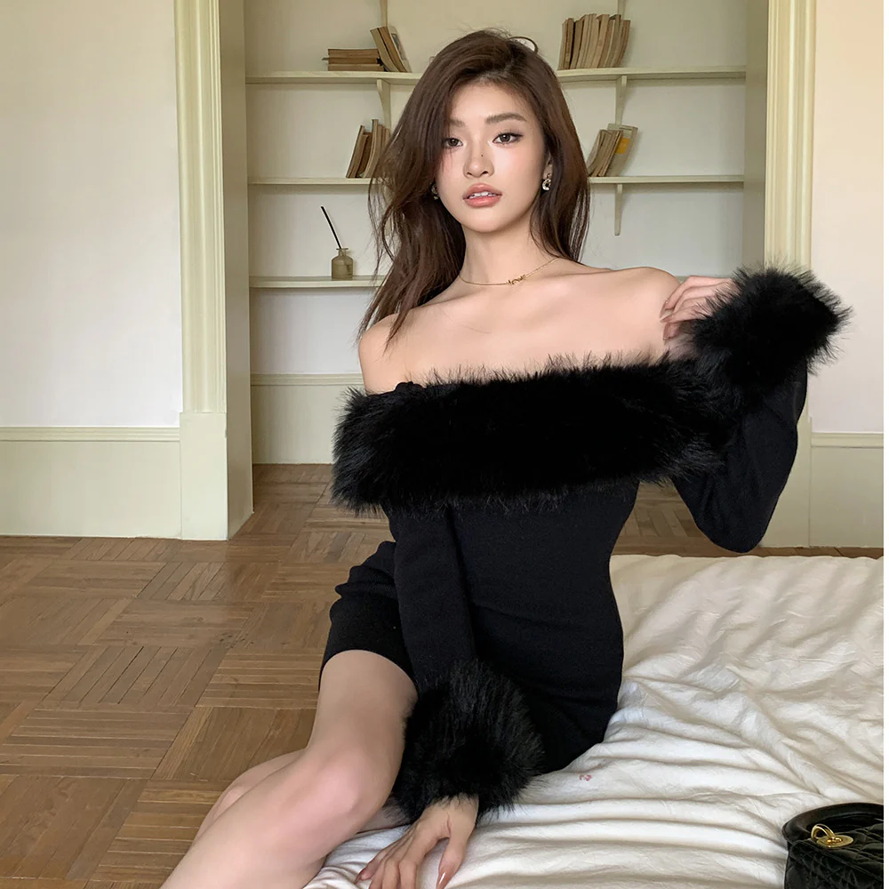 2025 Pure desire style Spice girl one-word shoulder splicing fur collar dress women's autumn and winter advanced sense slim and thin sexy short skirt - Deanwangkt