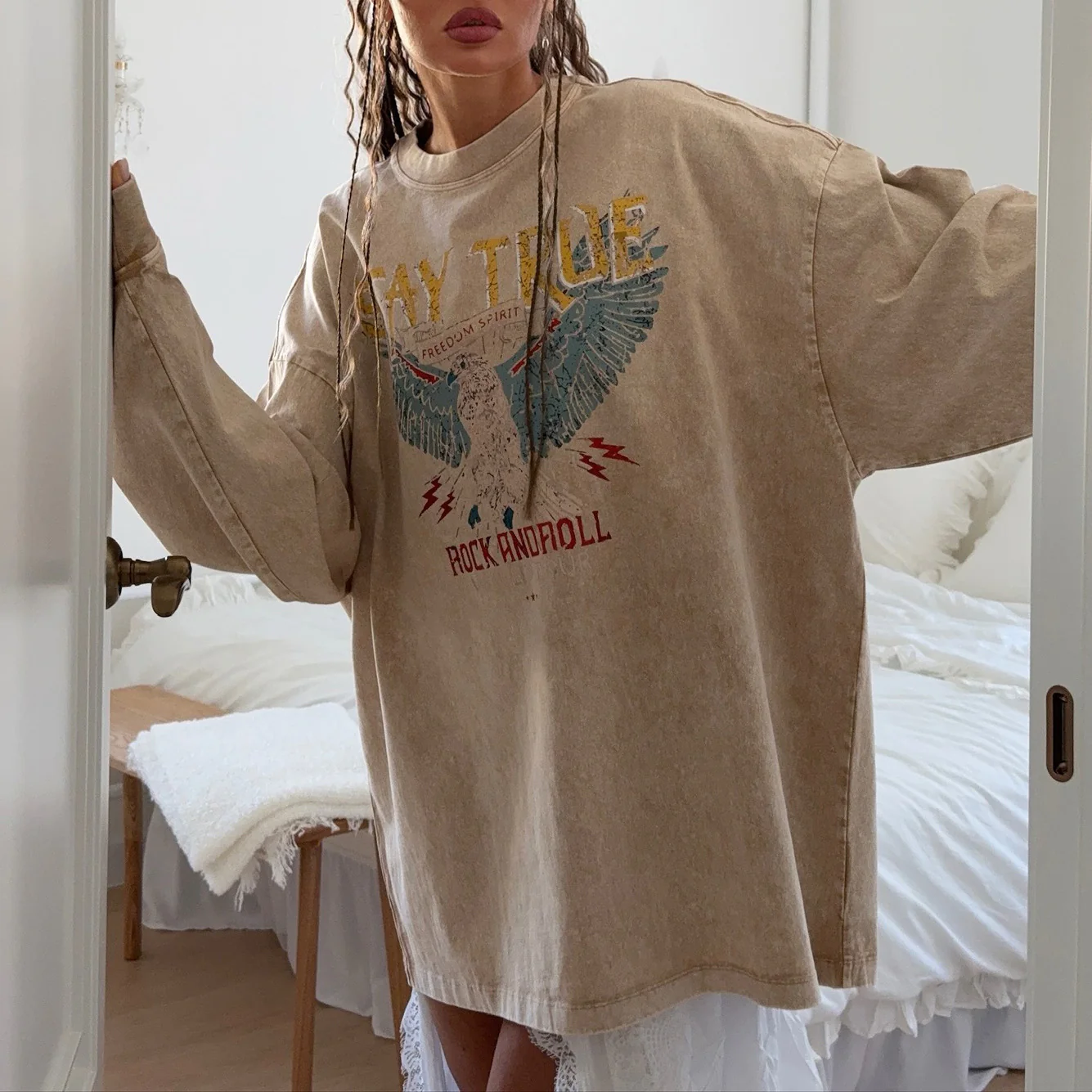 Summer new old eagle print medium and long long-sleeved loose sweater Spice girl crew neck top women's clothing - Deanwangkt