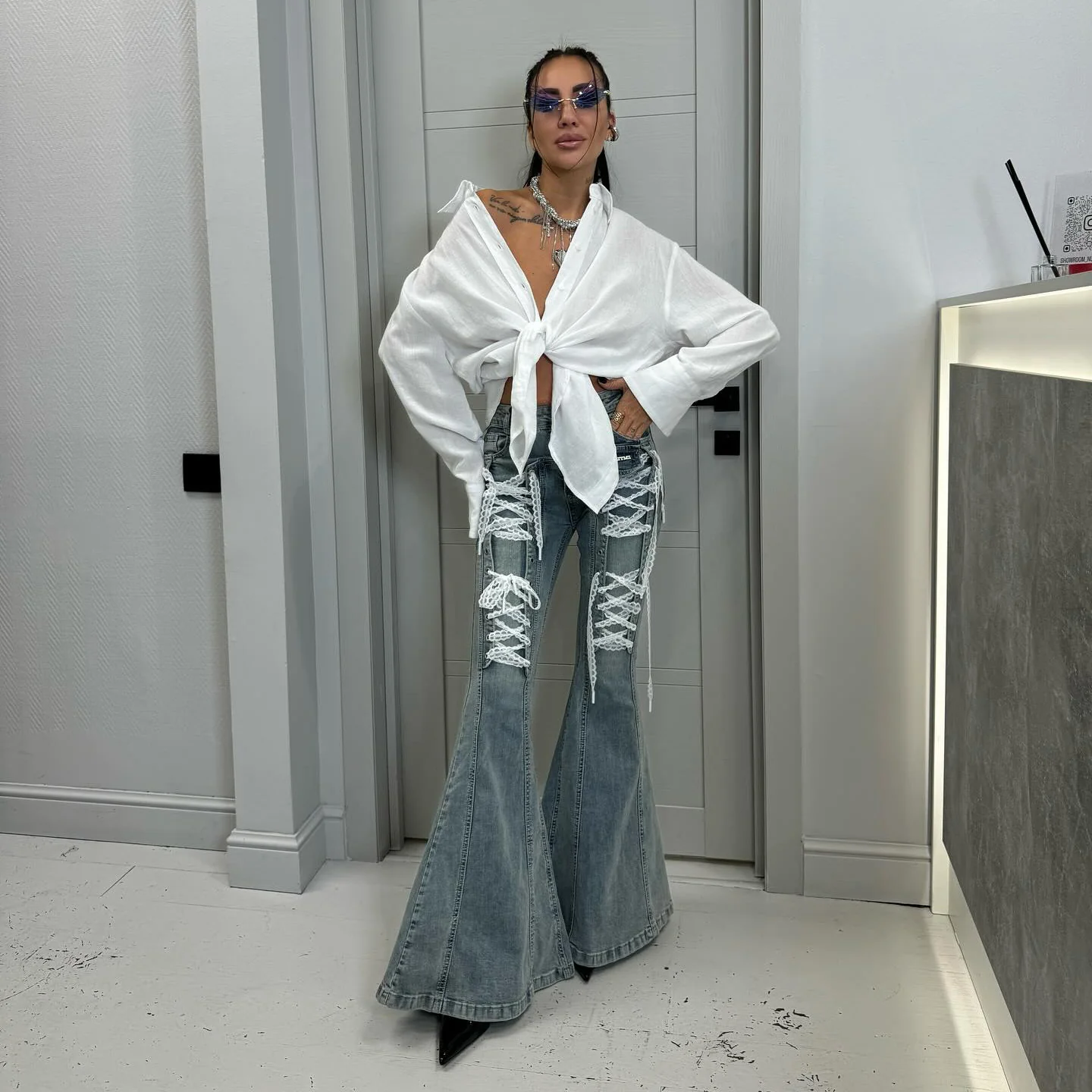 fashion trendy brand personalized retro tight lace lace-up flared jeans niche high-waisted versatile trousers women - Deanwangkt