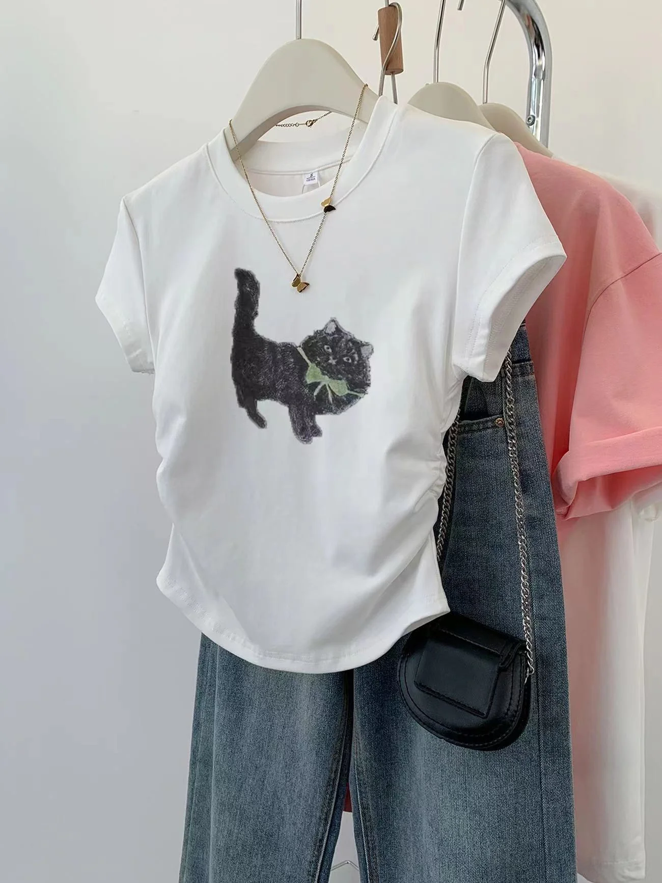 DEANWANGKT  American-Style Short-Sleeved T-shirt Women's Summer  New Small Slim Fit Slimming and Short T-shirt Hot European and American Top - Deanwangkt
