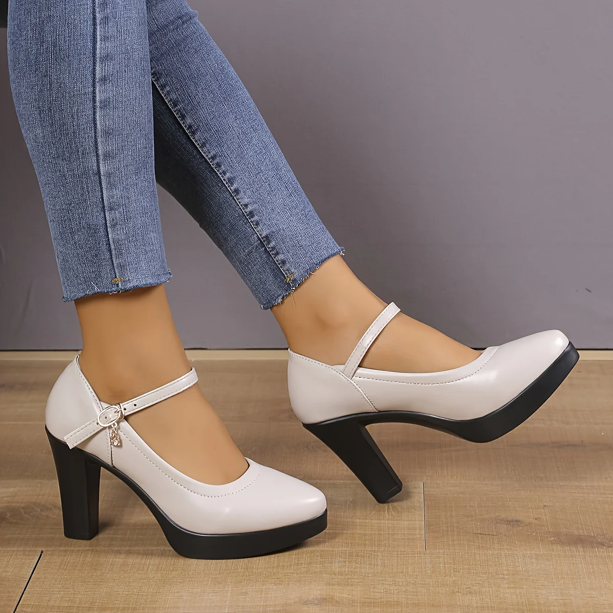 deanwangkt  Women's Chunky High Heels, Faux Leather Pointed Toe Ankle Strap Mary Jane Heels, All-Match Dress Shoes - Deanwangkt