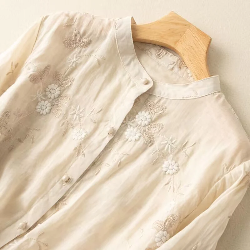 Temperament heavy industry embroidered top  summer new literary and retro seven-quarter sleeve loose cotton and linen splicing shirt women - Deanwangkt