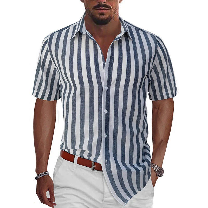 DEANWANGKT 2025 men's casual summer beach fashion short-sleeved striped dress shirt, New Popular trade Hawaiian shirt - Deanwangkt