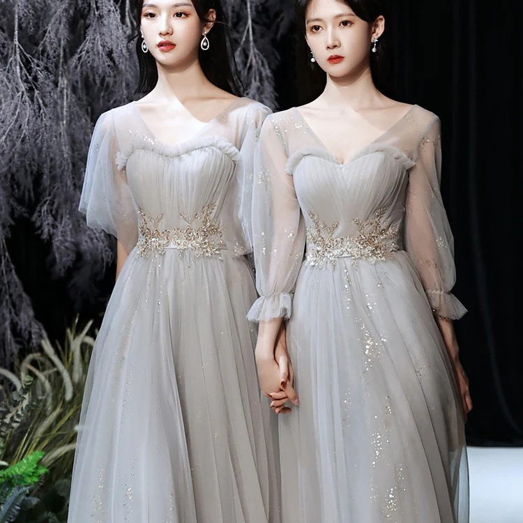 2025 Grey sister group bridesmaid clothes long and thin  new host evening dress women can usually wear bridesmaid clothes - Deanwangkt