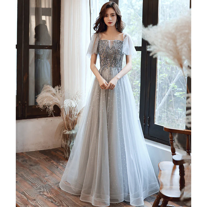 2025 One-word shoulder evening dress  new temperament long elegant fairy dream bridesmaid dress host banquet dress - Deanwangkt