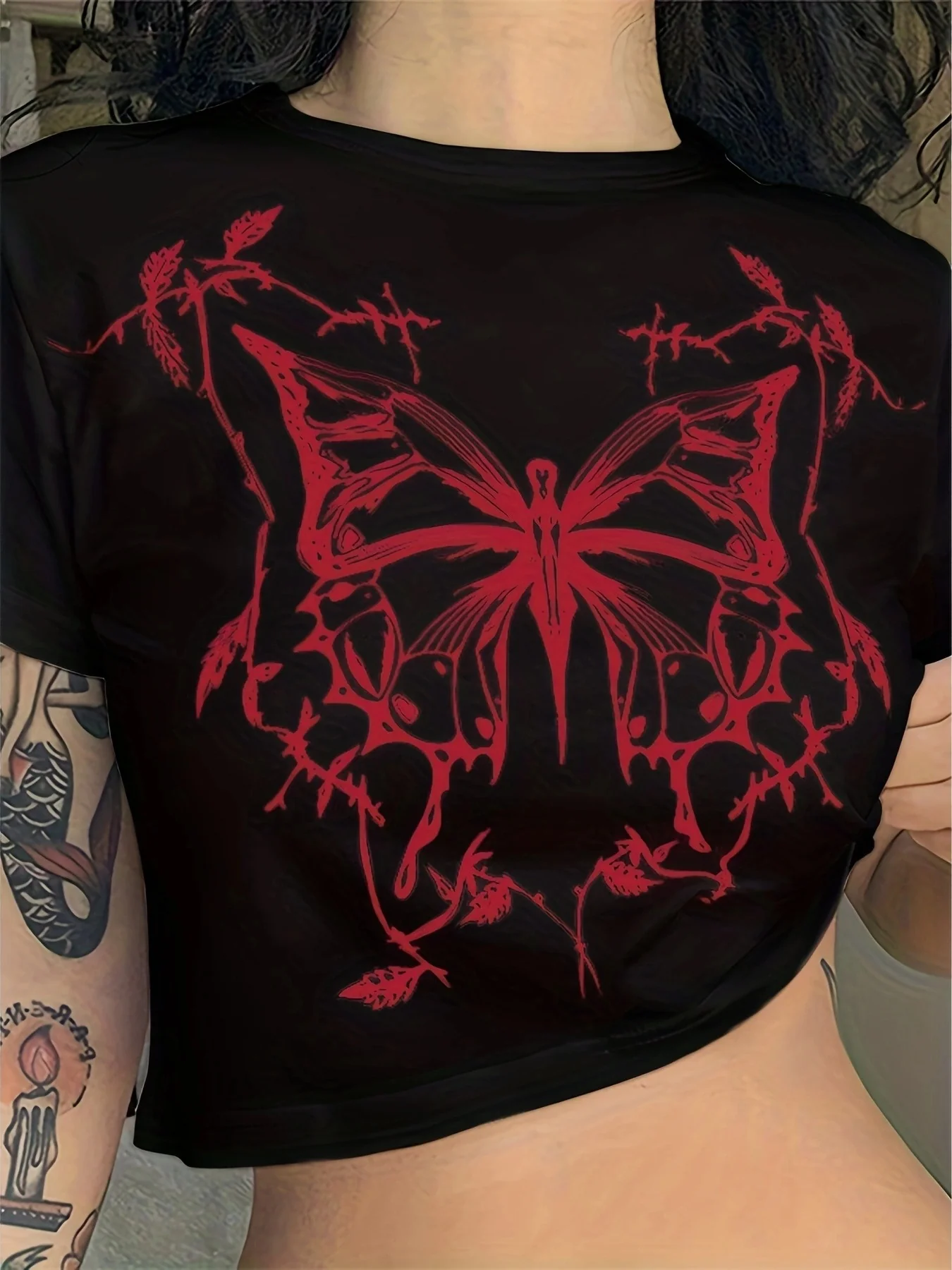 DEANWANGKT  Jfl22585 Hot Girl Cropped T-shirt Women's Summer Fashion Butterfly Print Crew Neck Short Sleeve T-shirt Cropped Top - Deanwangkt