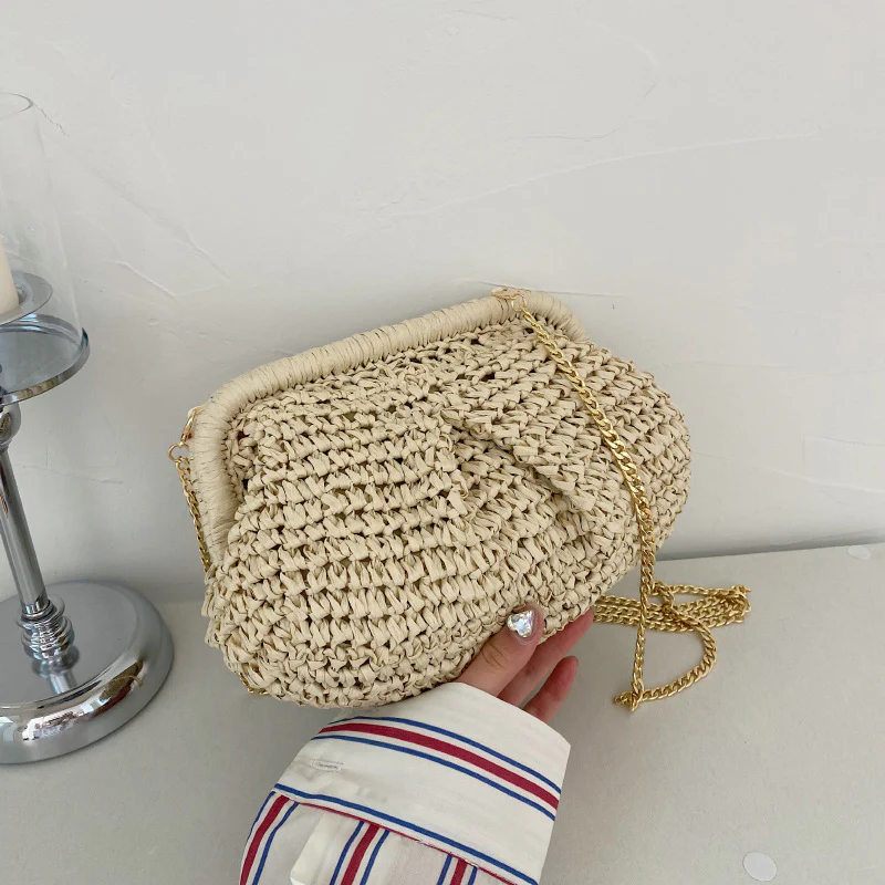 Straw Woven Fashion Chain Woven Hollowed Shoulder Bag  Spring and Summer New Niche Women Bag Casual Clipped Button Messenger Bag - Deanwangkt