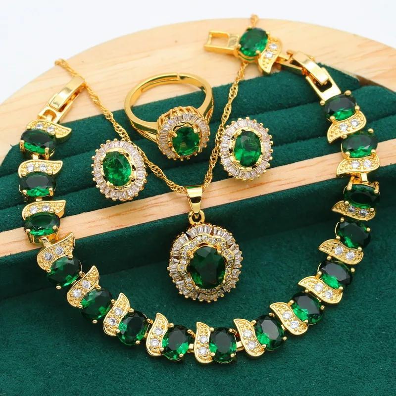 Stud Earrings + Ring + Necklace + Bracelet Elegant Jewelry Set 18k Gold Plated Inlaid Emerald Stone Wedding Jewelry Gifts For Eid - Deanwangkt