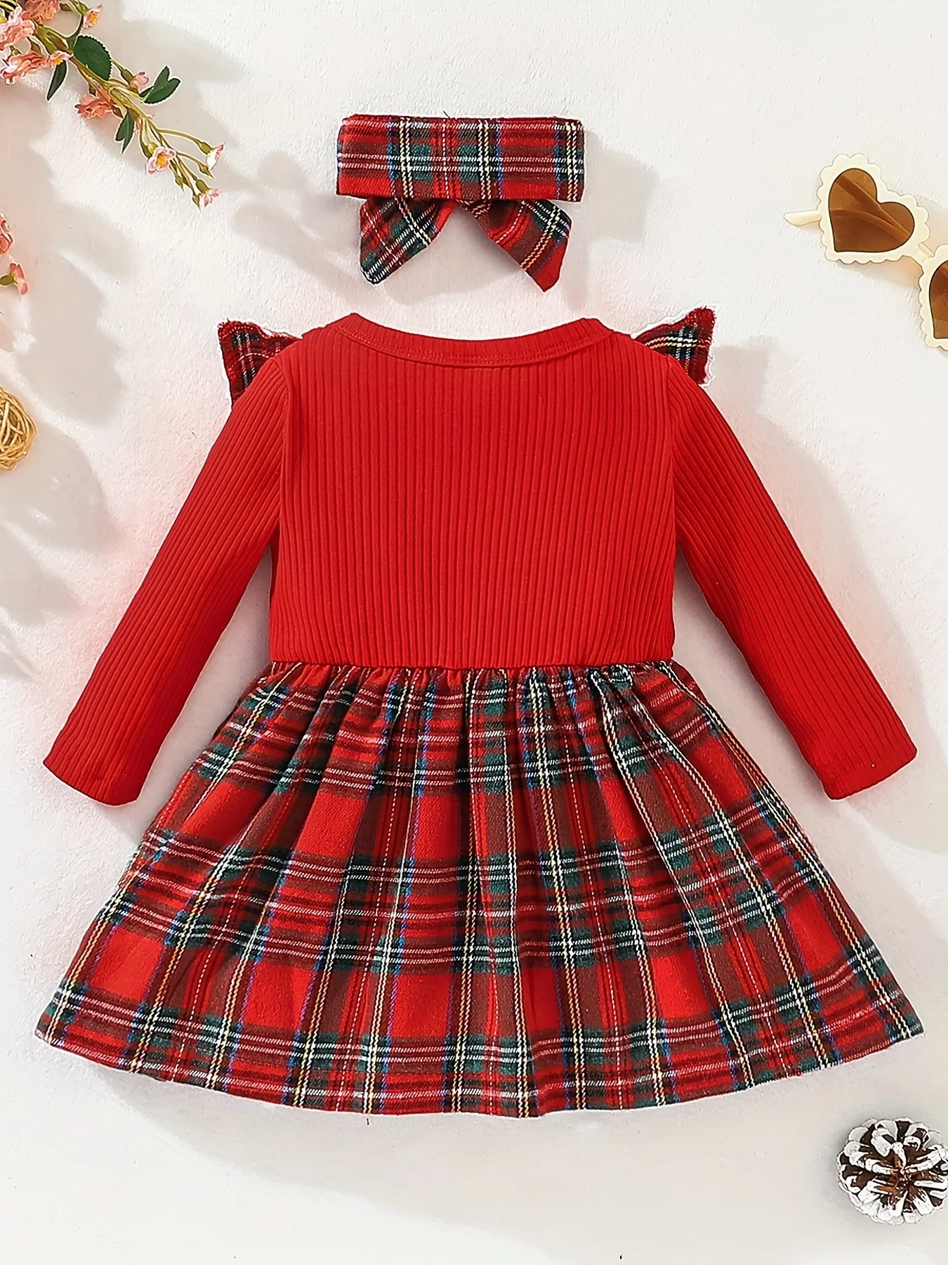 Girls 2pcs Christmas Set Ribbed Knit Plaid Flutter Trim And Bow Dress & Plaid Headband Set, Comfy Sets For Party, Gift, Christmas - Deanwangkt