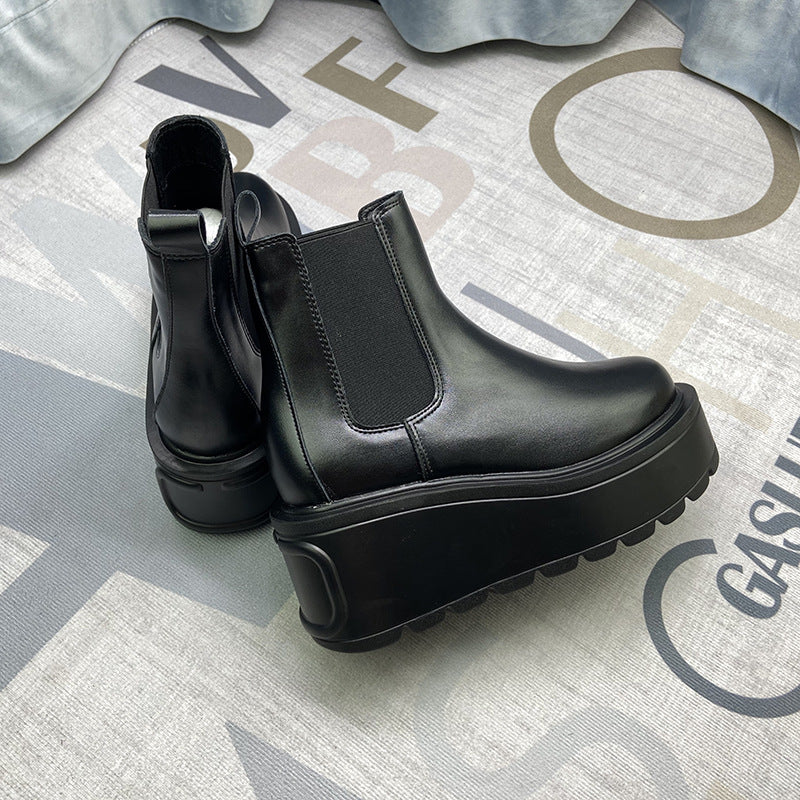 Grape Mom Studiolee Stretch Leather One Pedal Raise the Bottom round Toe Chelsea Short Boots for Women Summer and Autumn - Deanwangkt