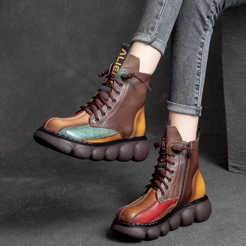 Autumn New Lace-up Booties Platform Muffin Rainbow Retro Soft Leather Women's Boots Fashion Trend Contrast Color Martin Boots - Deanwangkt