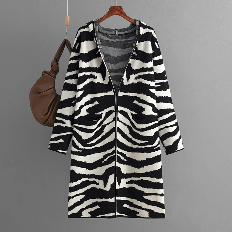 DEANWANGKT Cross-border knitted jacket women's  autumn and winter new Shang V tie hat long-sleeved zebra pattern long sweater cardigan - Deanwangkt