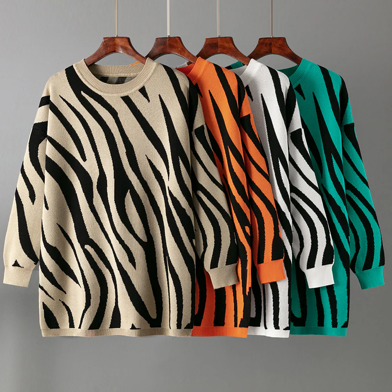 DEANWANGKT  2025 autumn and winter new zebra pattern fashion knitted pullover sweater large size  crew neck knitted sweater - Deanwangkt