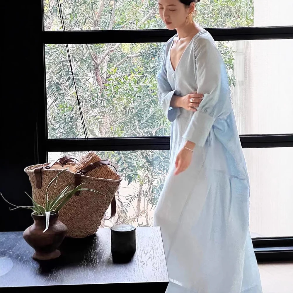 Siyuan, high-end  lazy casual robe, fashionable V-neck seven-quarter-sleeved Tencel jacquard dress 7758 - Deanwangkt