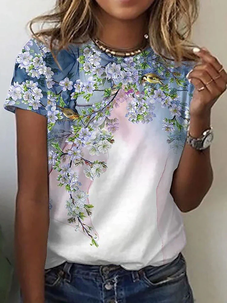 DEANWANGKT  European and American Women's Clothing Summer New Foreign Trade 3D Plant Flower Digital Printed round Neck Short Sleeve Women's T-shirt ME15 - Deanwangkt