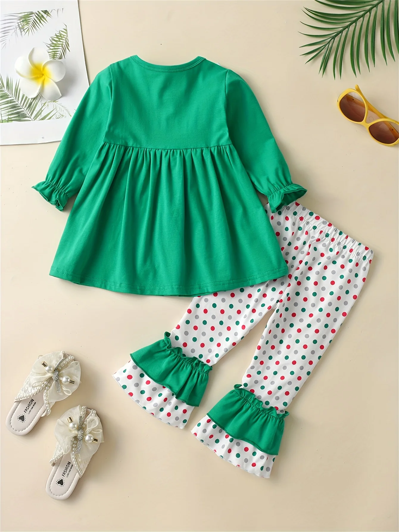 2pcs Girl's Santa Patched Outfit, Peplum Top & Polka Dots Pattern Flared Pants Set, Toddler Kid's Outdoor Clothes For Spring Fall - Deanwangkt