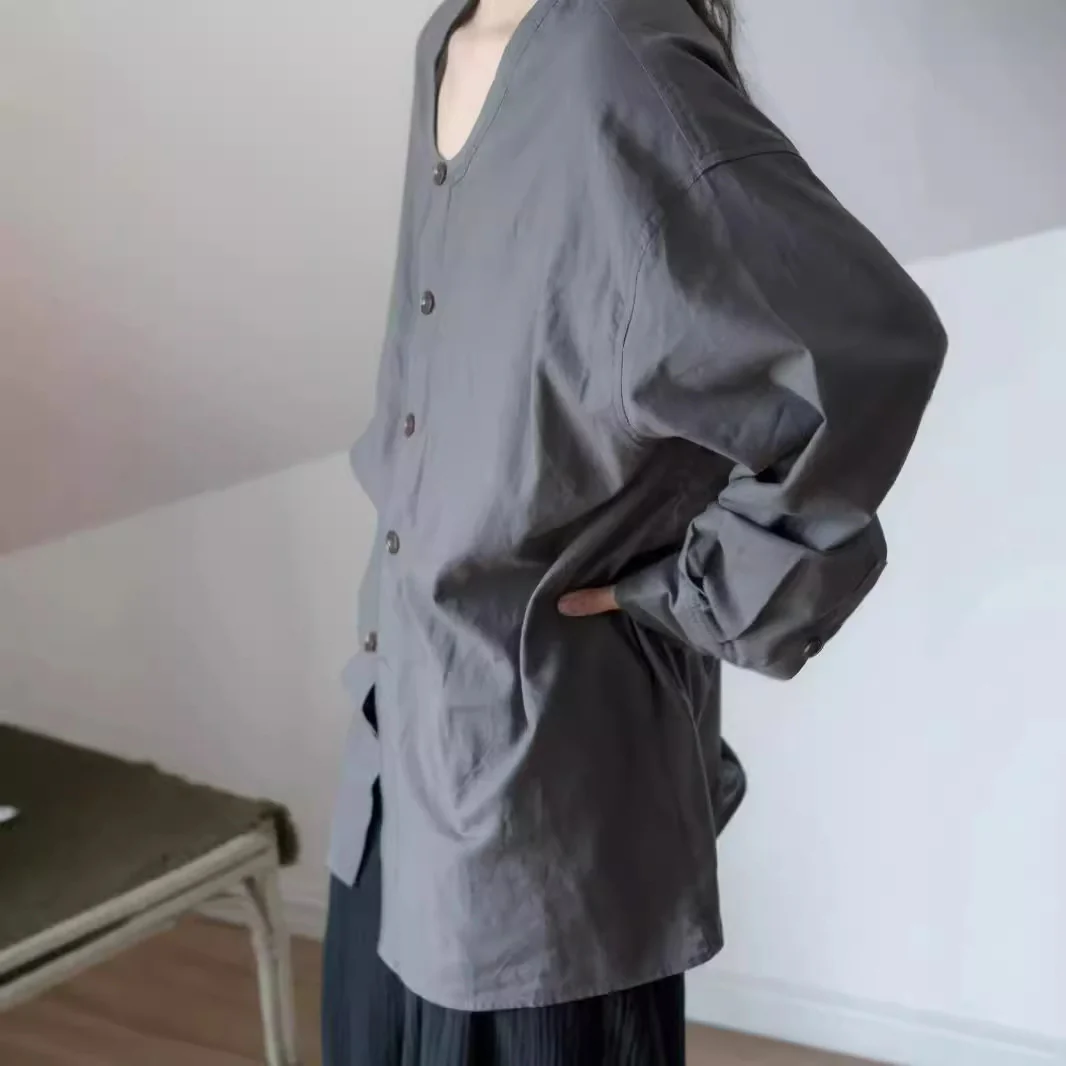popular autumn women's clothing, shirt jacket women's, crew neck ramie silhouette casual shirt, versatile top B0831 - Deanwangkt