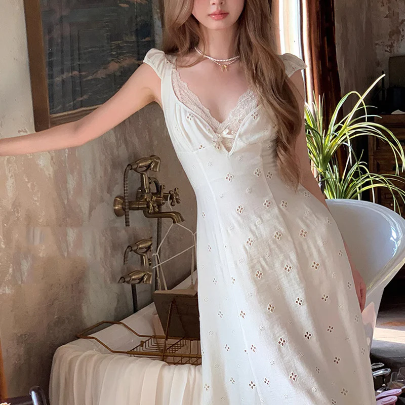 deanwangkt Zanzan [South  Holiday]  Retro Hollow Machine Embroidery V-neck Dress  Summer Dress - Deanwangkt