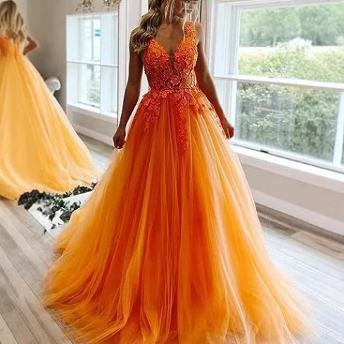 2025V-neck tulle ball dress lace applique long ball dress  new formal evening dress - Deanwangkt