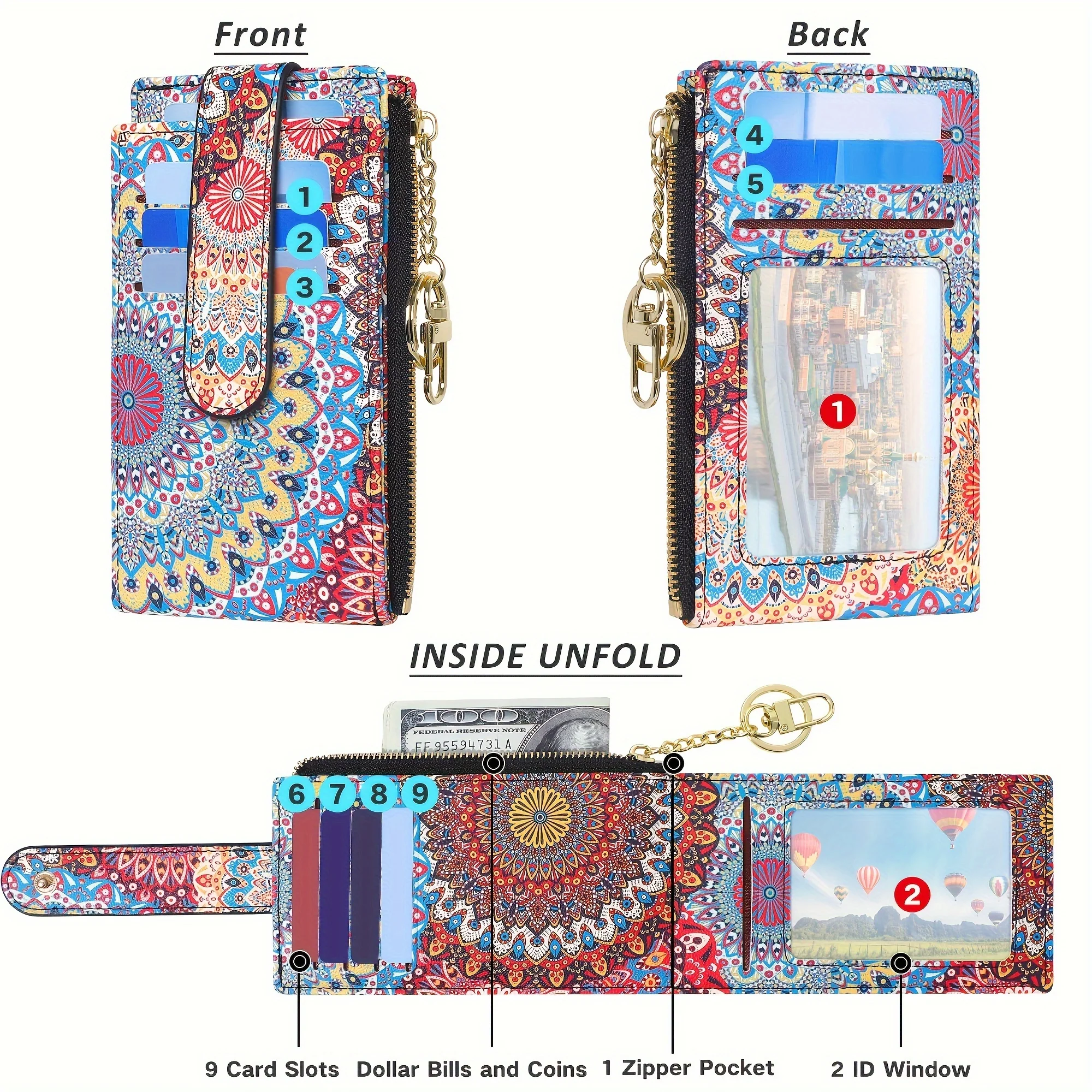 Slim RFID Blocking Bifold Wallet for Women - Secure Credit Card Holder with Zipper Closure, Multiple Slit Pockets, Polyester Lining, and Keychain - Casual, Random Printing Design, PU Material - Deanwangkt