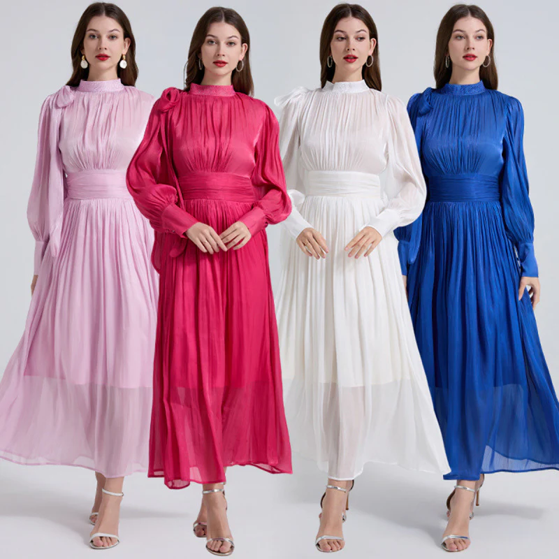 High-end dress women's popular early spring new temperament stand-up collar machine pleated waist long bubble sleeve dress - Deanwangkt