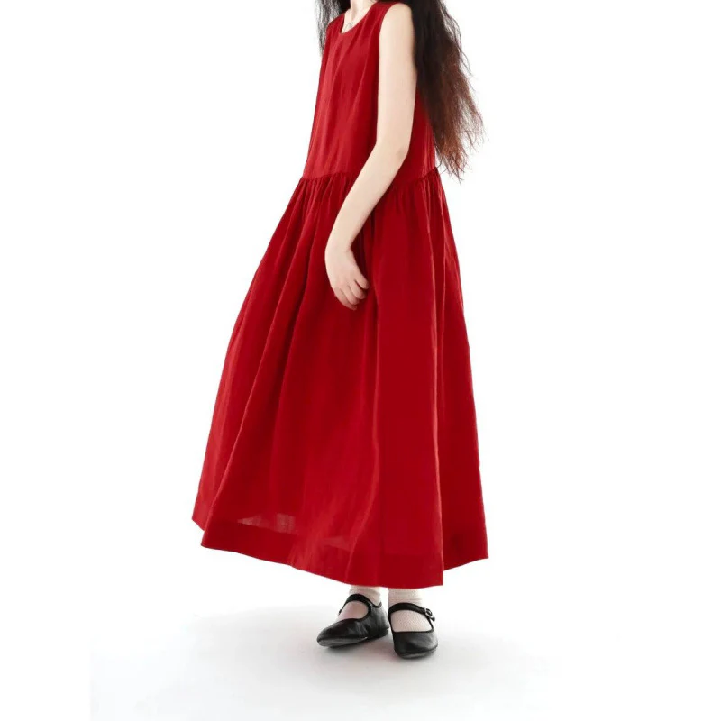 Positive red temperament dress women's  summer new literary and retro beautiful atmosphere long dress vest skirt - Deanwangkt