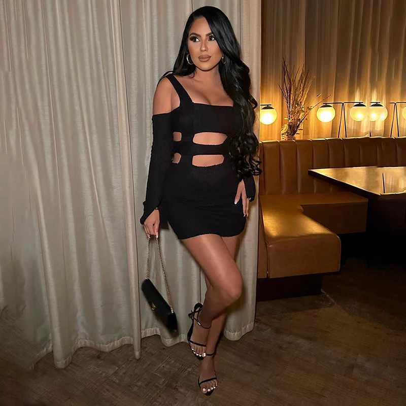 2025 R23DS095 long-sleeved hollow dress  women's clothing autumn new solid color suspender off-the-shoulder dress short skirt - Deanwangkt