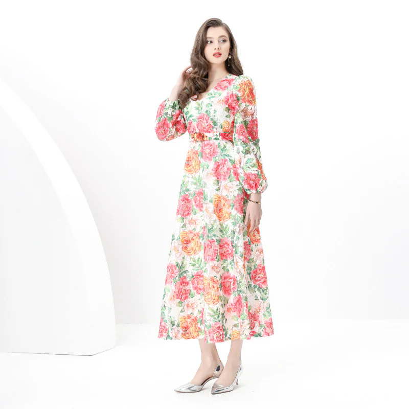 Popular, ,  New women's clothing retro style lace V-neck lantern sleeve wavy edge long printed dress - Deanwangkt
