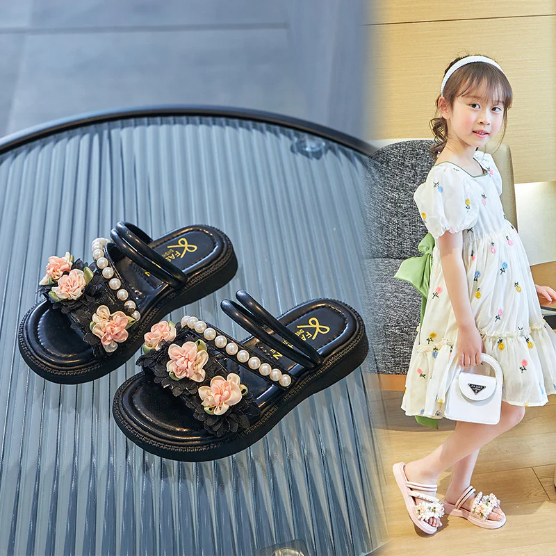 DEANWANGKT Girls' Children's Slippers Summer New Korean Style Girls' Bowknot Children's Shoes Student Diamond Soft Soled Princess Shoes Fashion - Deanwangkt