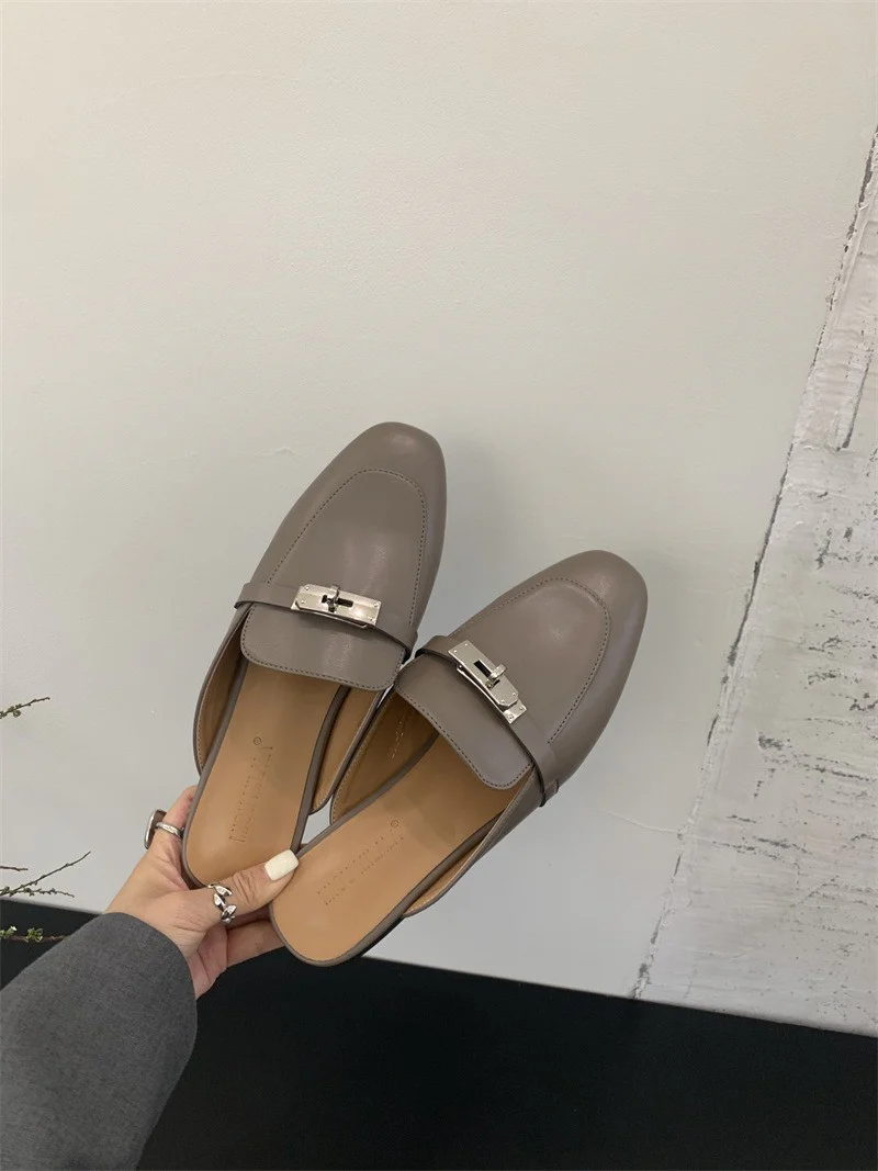 DEANWANGKT  Closed Toe Half Slippers Women's Summer Outdoor Mules  New Horsebit Buckle Flat Shoes Genuine Leather Internet Celebrity Lazy Sandals - Deanwangkt