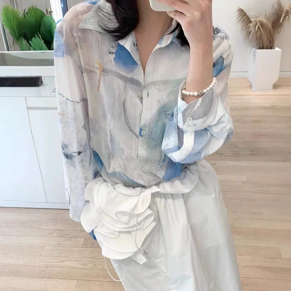 Siyuan design printing micro-transparent thin shirt women's long sleeves  spring and summer new loose casual top 7843 - Deanwangkt