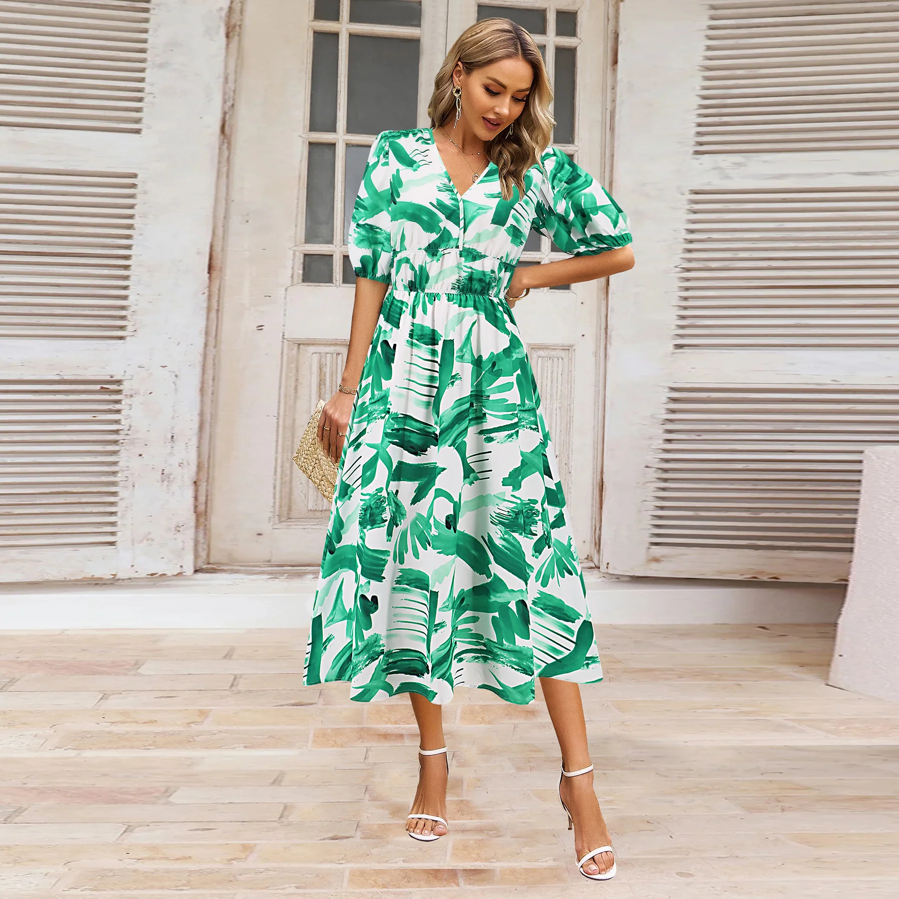 DEANWAQNGKT  European and American Foreign Trade Summer Women's V-neck Bohemian Printing Dress A- line Skirt Cross-Border  Temu Hot Sale - Deanwangkt