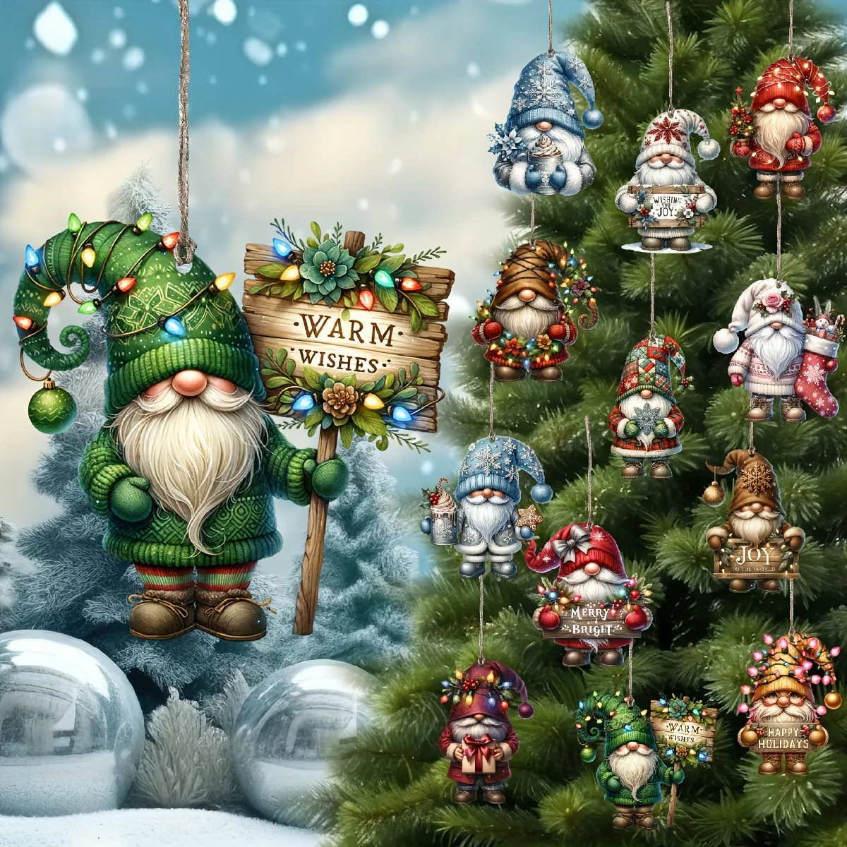 12 PCS Handcrafted Wooden Christmas Gnome Hanging Ornaments - No Batteries Required, Perfect Gift for the Holiday Season - Deanwangkt