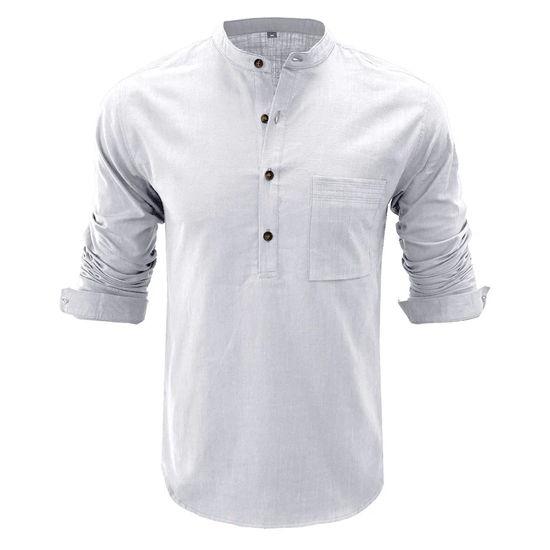 DEANWANGKT 2025 men's clothing  autumn and winter cotton and linen shirts, Popular trade long-sleeved Henry collar tops, loose men's linen shirts - Deanwangkt