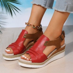 DEANWANGKT  Foreign Trade plus Size Straw High Heel Sandals Women's  New Thick-Soled Peep Toe Roman Shoes Buckle High Heel Women's Sandals - Deanwangkt