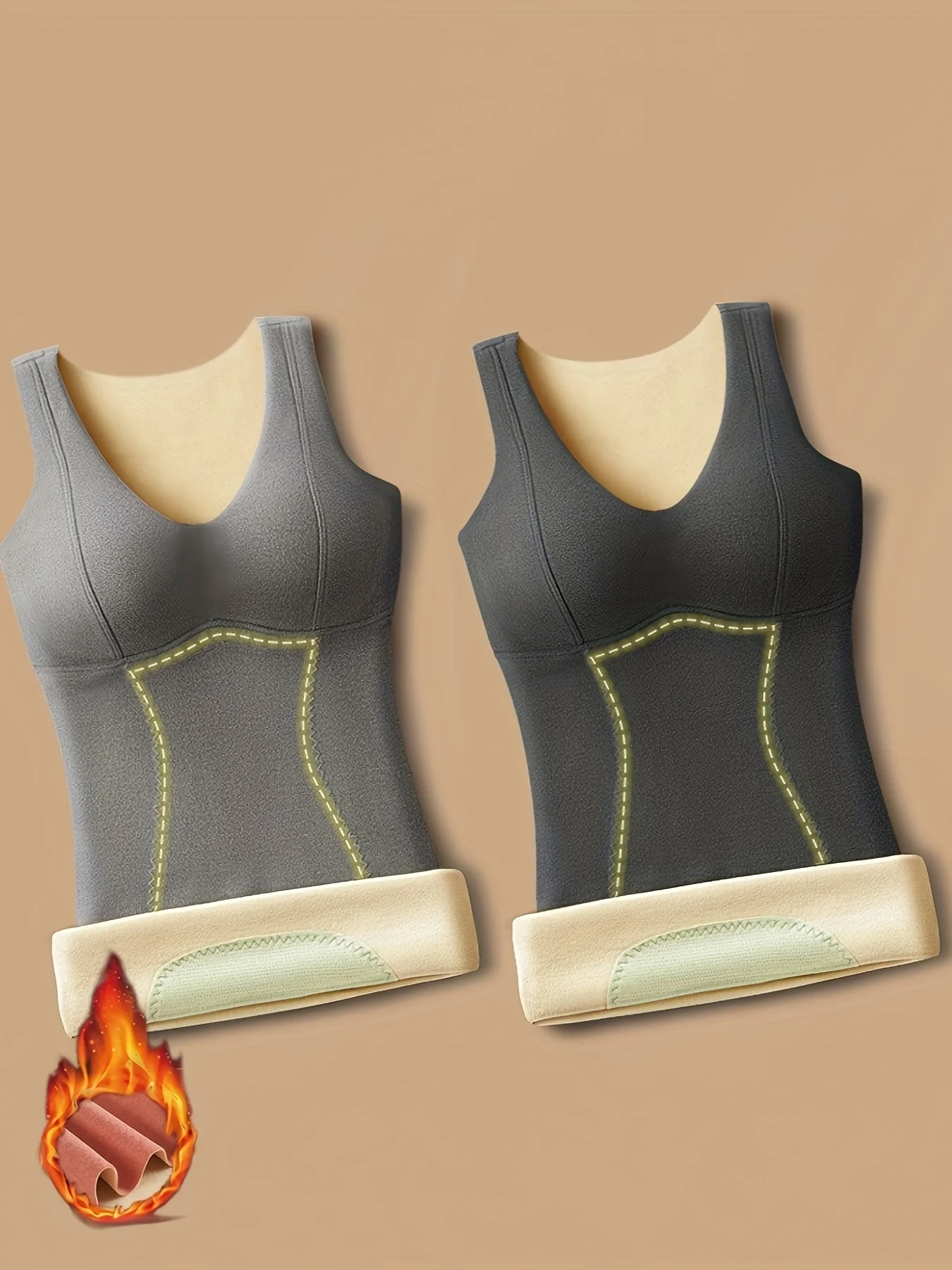 Buy 1 Get 1 Free, total of 2 Pcs Solid Plush Lined Thermal Underwear - Soft, Round Neck, Slim Fit, Tank Top Style, Women's Winter Underwear & Lingerie for Fall Season - Deanwangkt