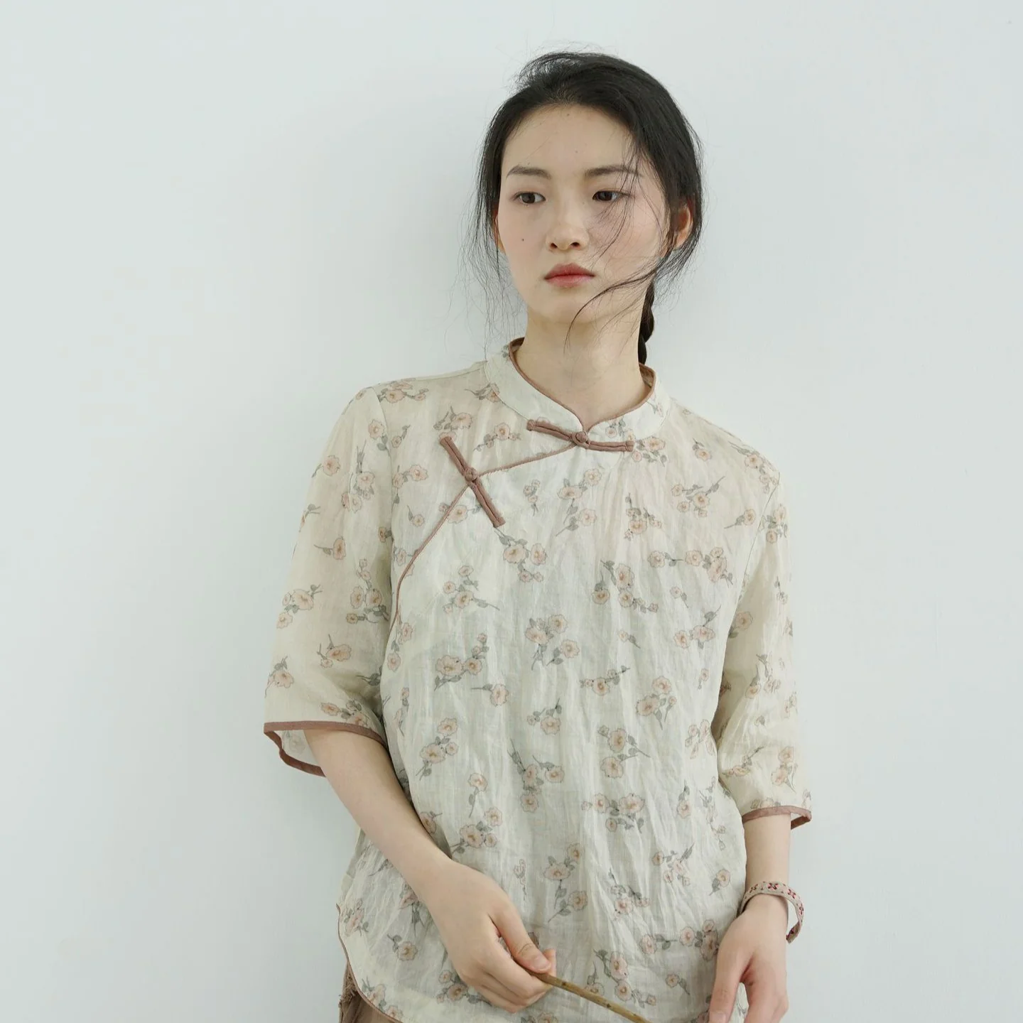 pastoral life stand-up collar diagonal ramie button-down shirt, light Chinese literary short shirt tea clothes S24242 - Deanwangkt