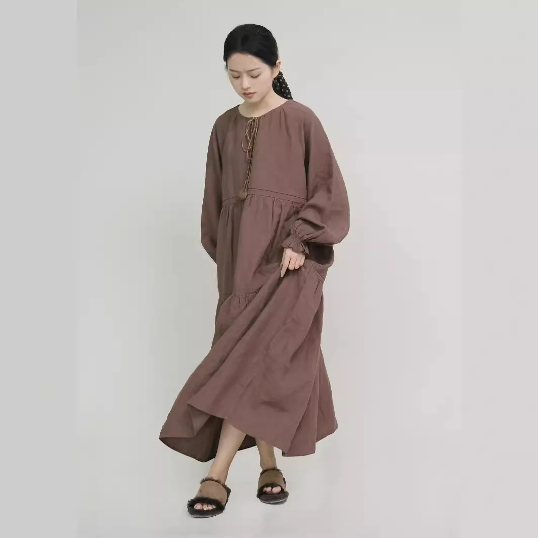 design retro linen tower skirt robe, old literary loose drawstring super long dress L24086 - Deanwangkt
