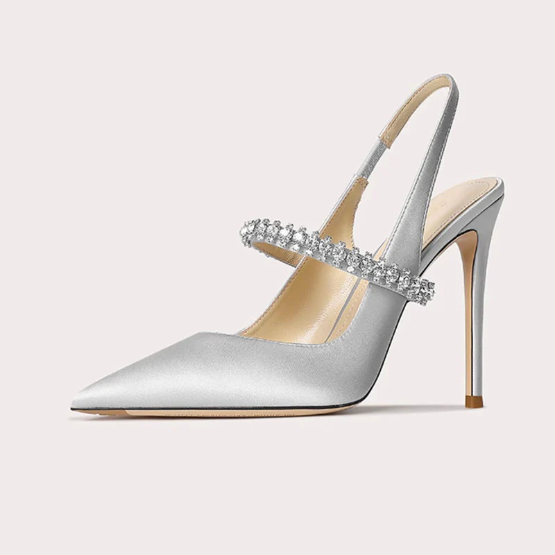 DEANWANGK  32-Size 45 One-Word Strap Closed Toe Sandals Women's Rhinestone  New Stiletto Heel Pointed-Toe Authentic Leather High Heels Women's Shoes - Deanwangkt