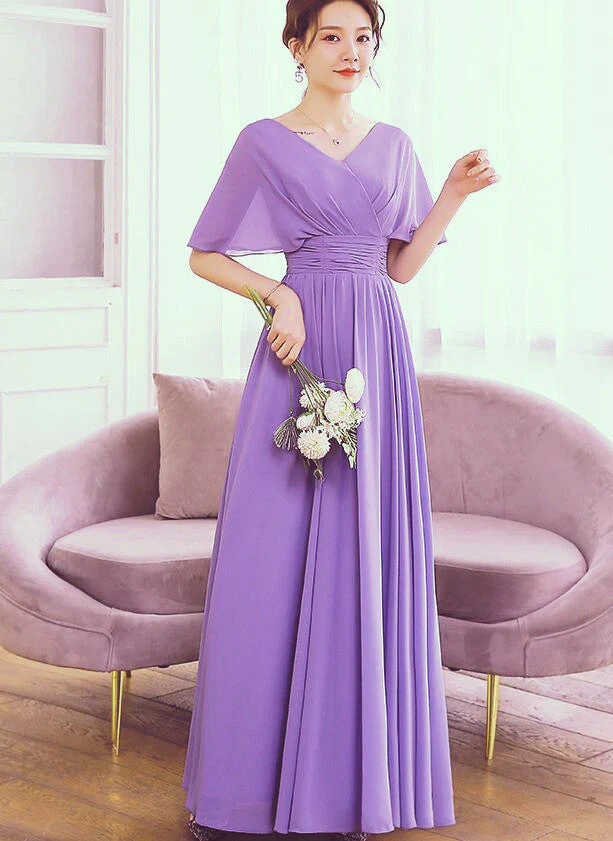 Solvbao Beautiful Light Purple Chiffon V-neckline Prom Dress, A-line Floor Length Bridesmaid Dress - Deanwangkt