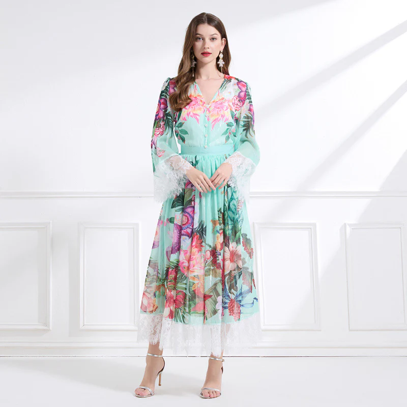 Popular trade  women's clothing vacation style V-neck lace printing set waist ruffle edge dress - three-piece set - Deanwangkt