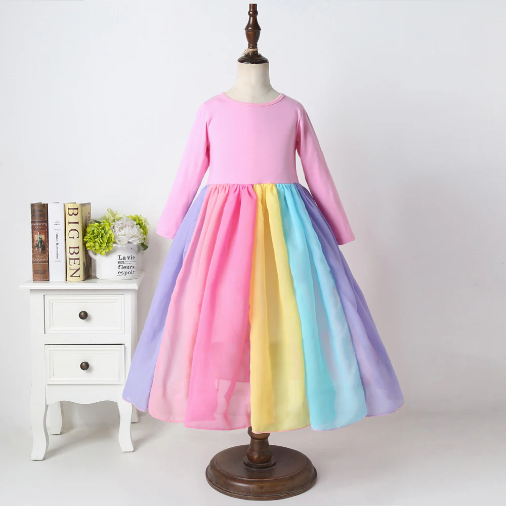 Popular Foreign Trade Children's Dress Autumn and Winter Long Sleeves Rainbow Mesh Dress Girl's Rainbow Printing Princess Dress - Deanwangkt